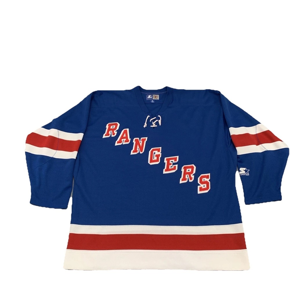 NY Rangers Home Blue Starter Jersey Sewn Lettering XL Vintage 90s Rare‎ Blank